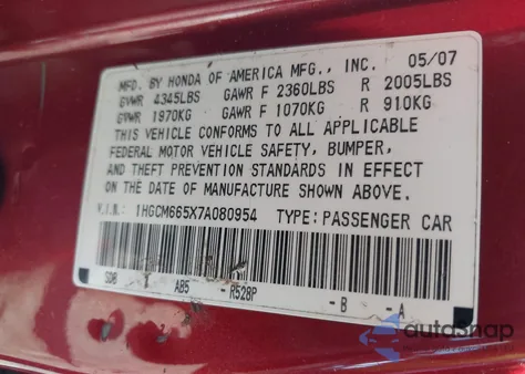 2007 Honda Accord 3.0 Ex from USA, damaged, VIN 1HGCM665X7A080954